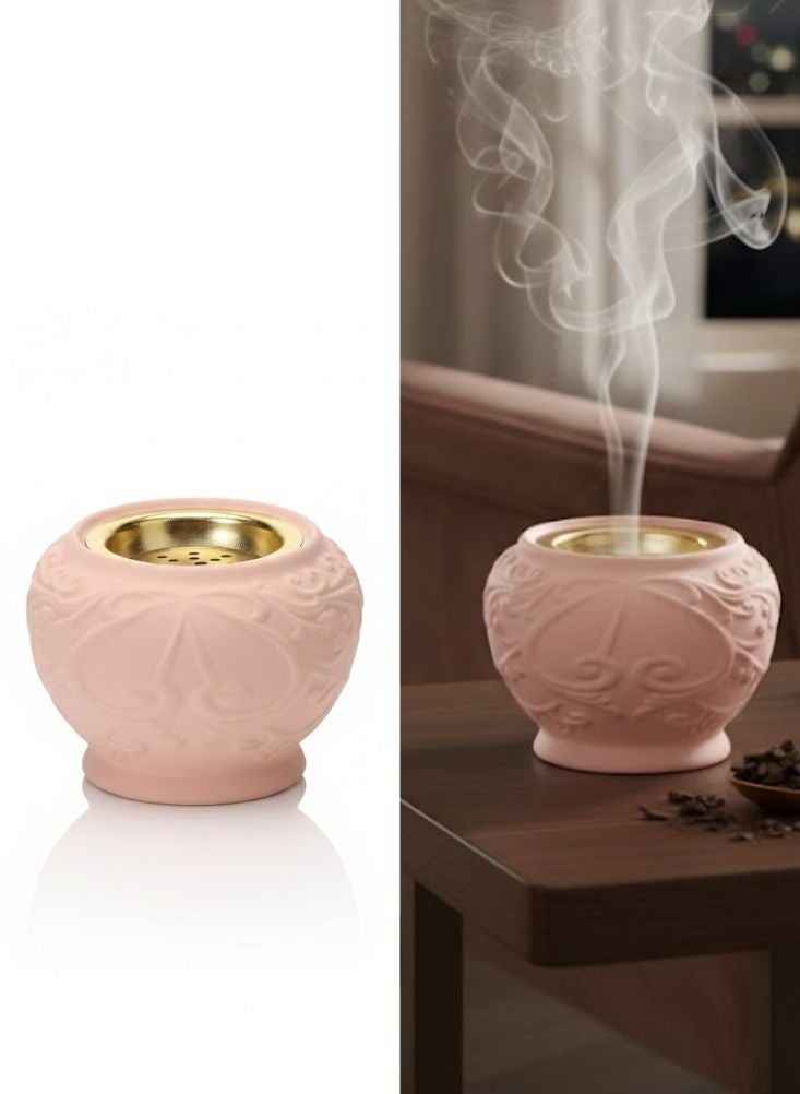 Premium Pink Embossed Ceramic Bakhoor Burner with Gold Interior – 1 Pc Decorative Incense Burner for Home - Image 1